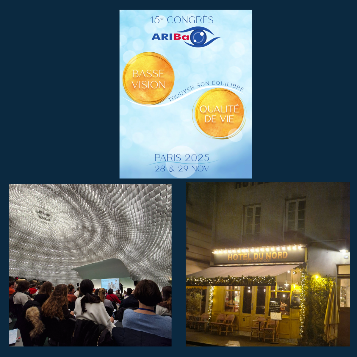 Affiche ARIBa. Photo de la salle de congrès et photo du restaurant. 